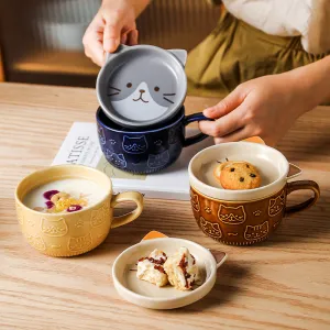 Japanese Ceramic Cat Breakfast Mug with Lid