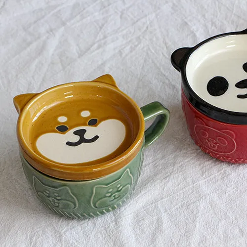 Japanese Ceramic Cat Breakfast Mug with Lid