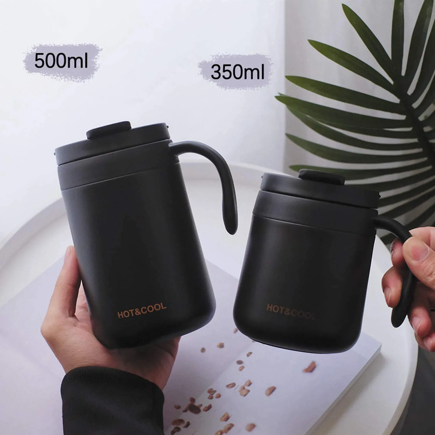 Leeonz® 350ML Coffee Mug with Handle, Vacuum Insulated Camping Mug with Lid, Double Wall Stainless Steel Travel Tumbler Cup, Coffee Thermos Outdoor (Black)