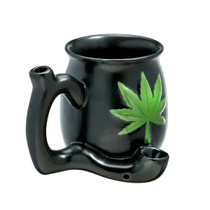 MATTE BLACK MUG W/ GREEN LEAF