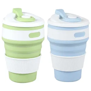 MommyLove 2Pack Collapsible Coffee Cups for Travel,12 oz Reusable Silicone Collapsible Cups with Lid for Camping -BlueGreen