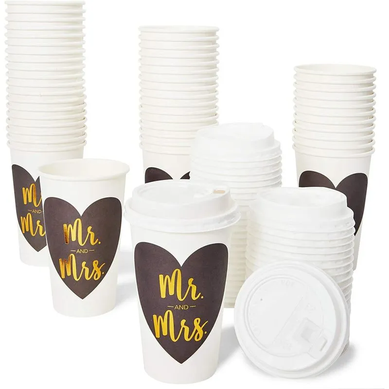 Mr and Mrs Paper Insulated Coffee Cups with Lids (16 oz, 48 Pack)