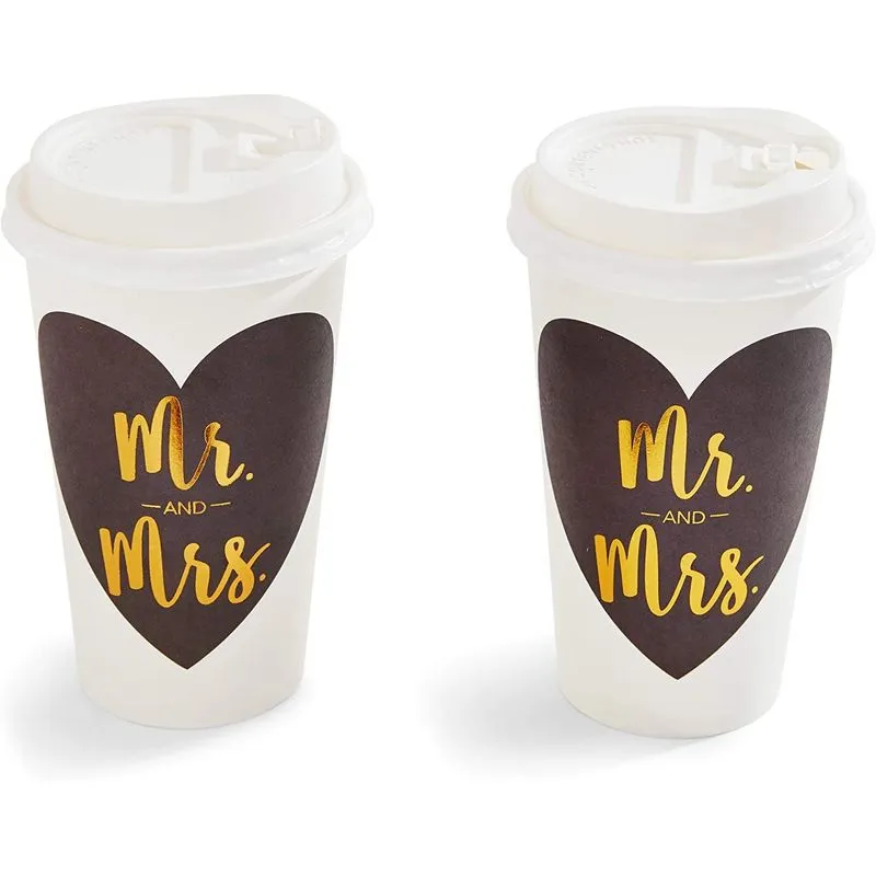 Mr and Mrs Paper Insulated Coffee Cups with Lids (16 oz, 48 Pack)