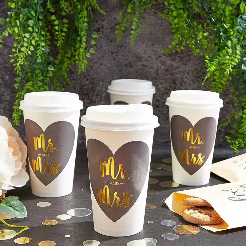 Mr and Mrs Paper Insulated Coffee Cups with Lids (16 oz, 48 Pack)