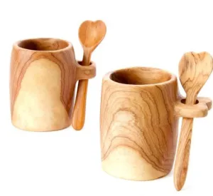 NEW!!!!Set of 2 Kenya Wild Olive Wood Serving Cups with Heart Spoons