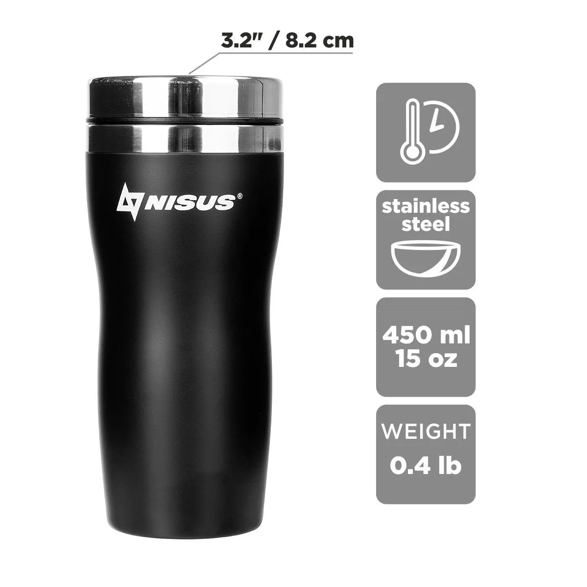 Nisus Stainless Steel Tumbler with Lid, Black, 15 oz