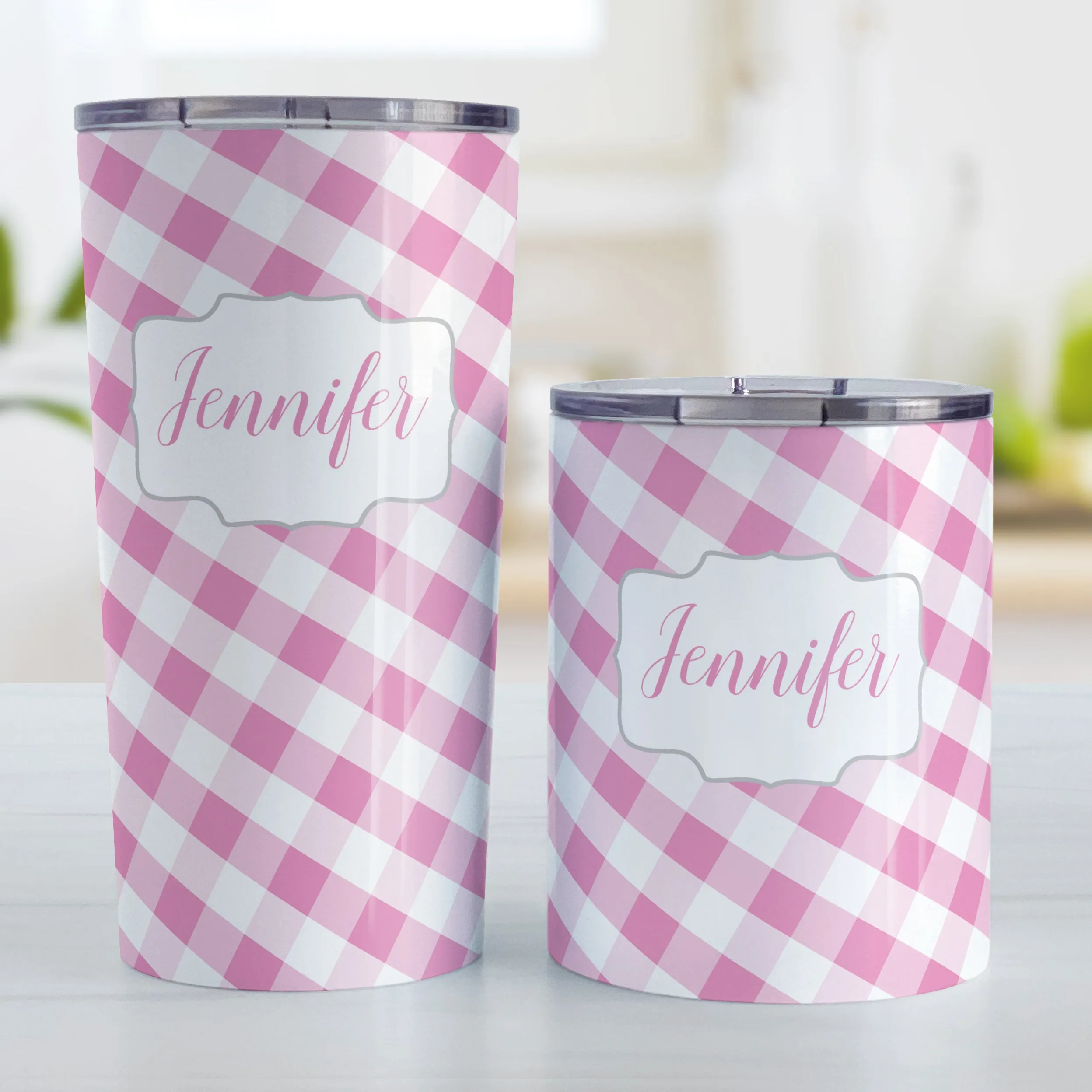 Personalized Pink Gingham Tumbler Cup