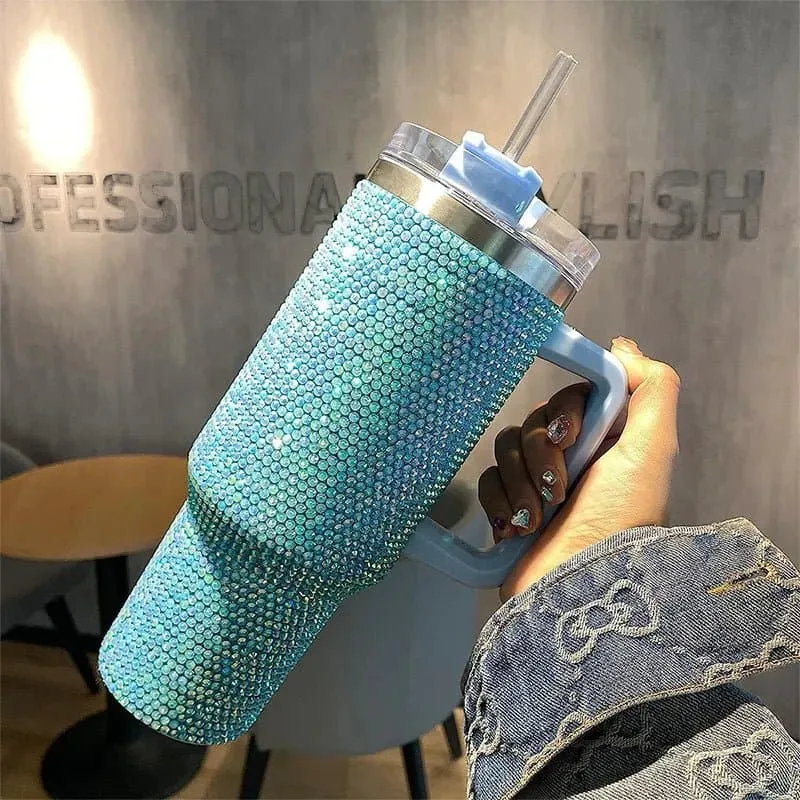 Rhinestone Embellished Travel Mug - 40oz Stainless Steel Vacuum Flask