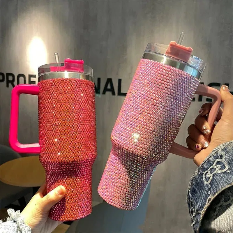 Rhinestone Embellished Travel Mug - 40oz Stainless Steel Vacuum Flask