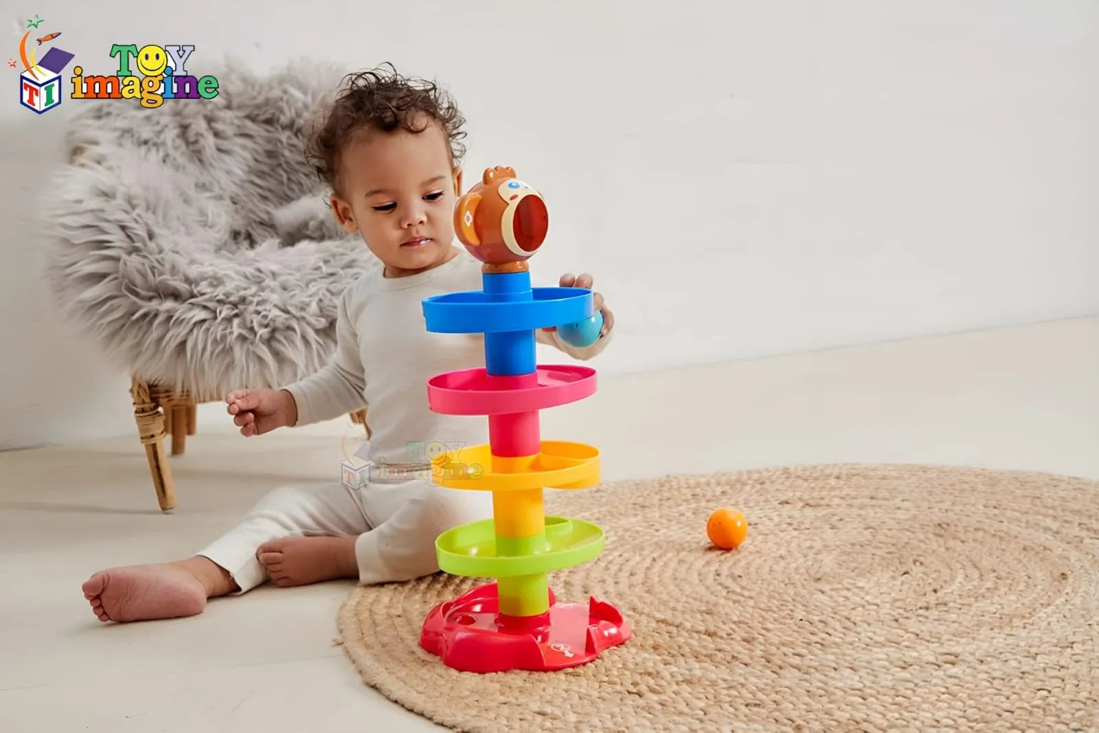 Toy Imagine RAMP ROLL, 5 Layer Ball Drop and Roll Swirling Tower for Toddler|3 Puzzle Rattle Balls Monkey Face at The Top|Non Toxic Material| Stack,Dr