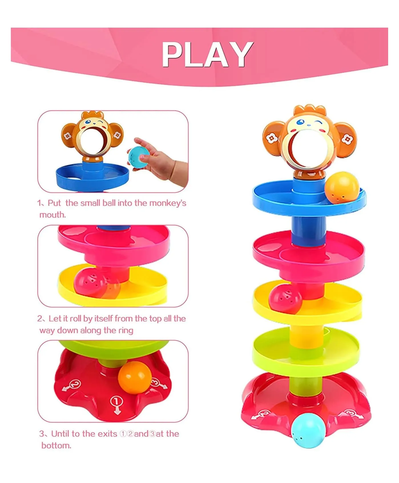 Toy Imagine RAMP ROLL, 5 Layer Ball Drop and Roll Swirling Tower for Toddler|3 Puzzle Rattle Balls Monkey Face at The Top|Non Toxic Material| Stack,Dr