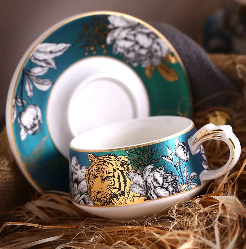 Unique Ceramic Cups with Gold Trim and Gift Box, Creative Ceramic Tea Cups and Saucers, Jungle Tiger Cheetah Porcelain Coffee Cups