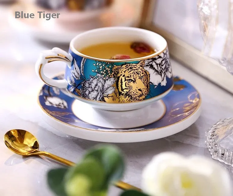 Unique Ceramic Cups with Gold Trim and Gift Box, Creative Ceramic Tea Cups and Saucers, Jungle Tiger Cheetah Porcelain Coffee Cups