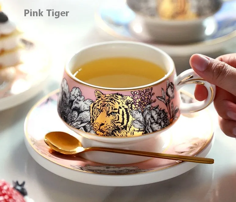 Unique Ceramic Cups with Gold Trim and Gift Box, Creative Ceramic Tea Cups and Saucers, Jungle Tiger Cheetah Porcelain Coffee Cups