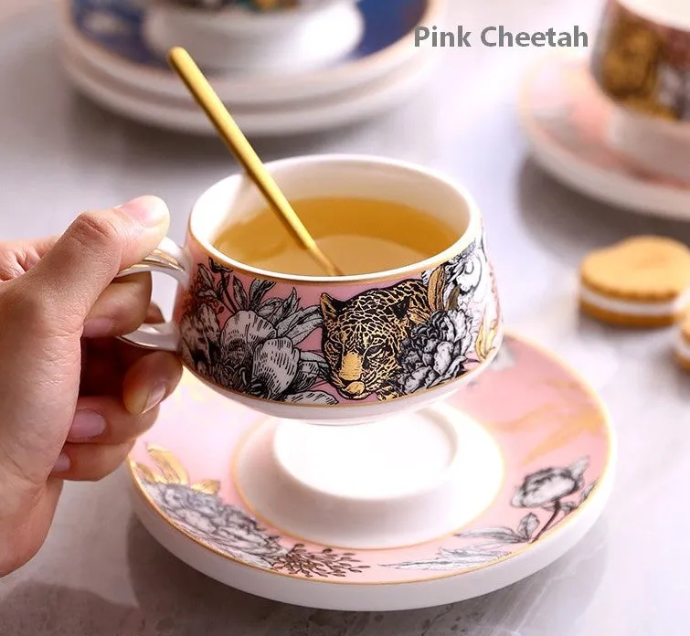 Unique Ceramic Cups with Gold Trim and Gift Box, Creative Ceramic Tea Cups and Saucers, Jungle Tiger Cheetah Porcelain Coffee Cups