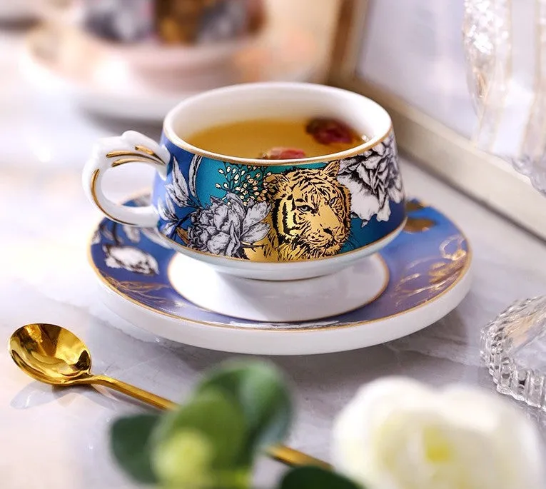 Unique Ceramic Cups with Gold Trim and Gift Box, Creative Ceramic Tea Cups and Saucers, Jungle Tiger Cheetah Porcelain Coffee Cups