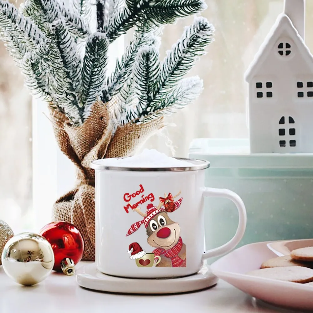 White Santa Enamel Tea Coffee Mugs Of 360ml For Christmas And New Year Gift